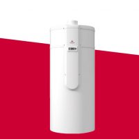 bomba de calor marca saunier duval sobre fondo rojo y blanco